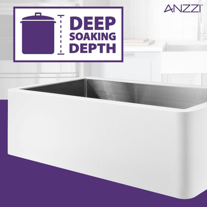 ANZZI Apollo Matte White Solid Surface Farmhouse 36 in. Single Bowl Kitchen Sink with Stainless Steel Interior