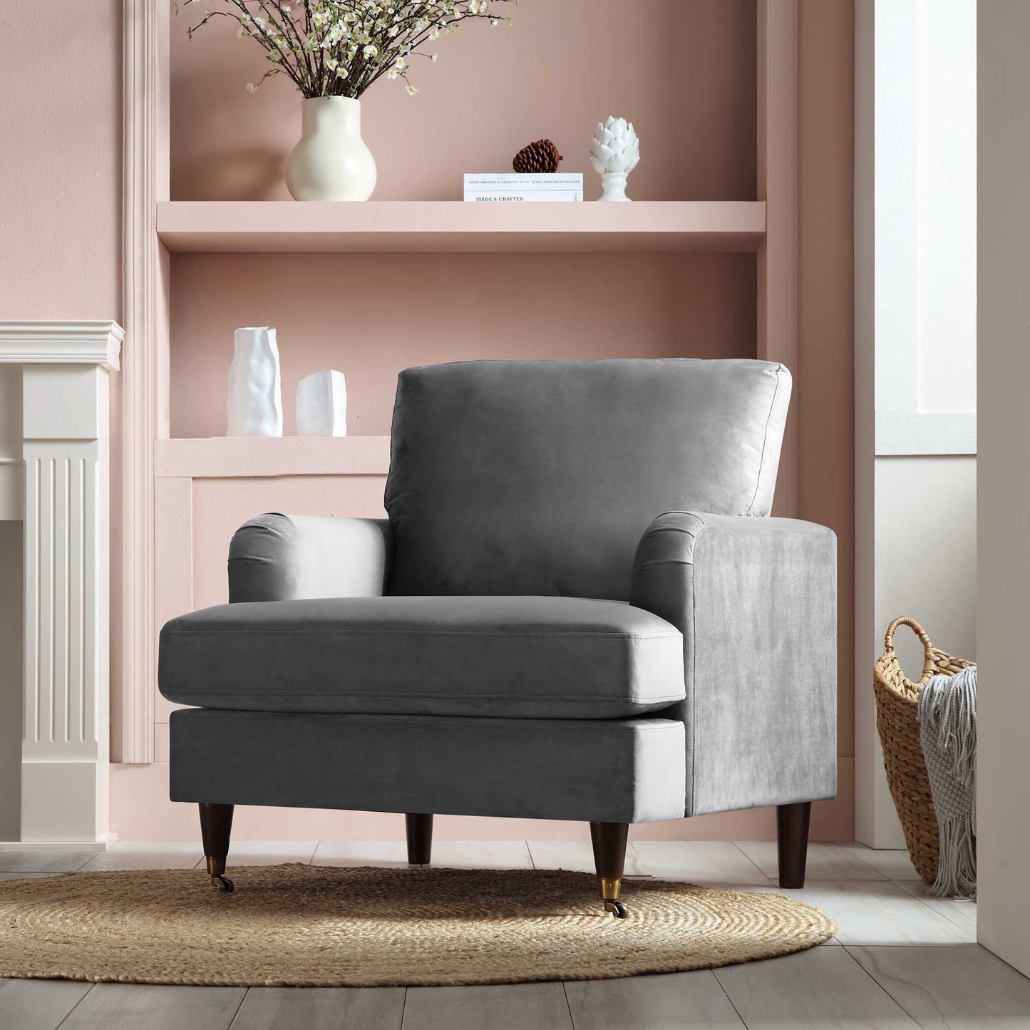 Brigette Grey Velvet Armchair with Antique Brass Castor Legs