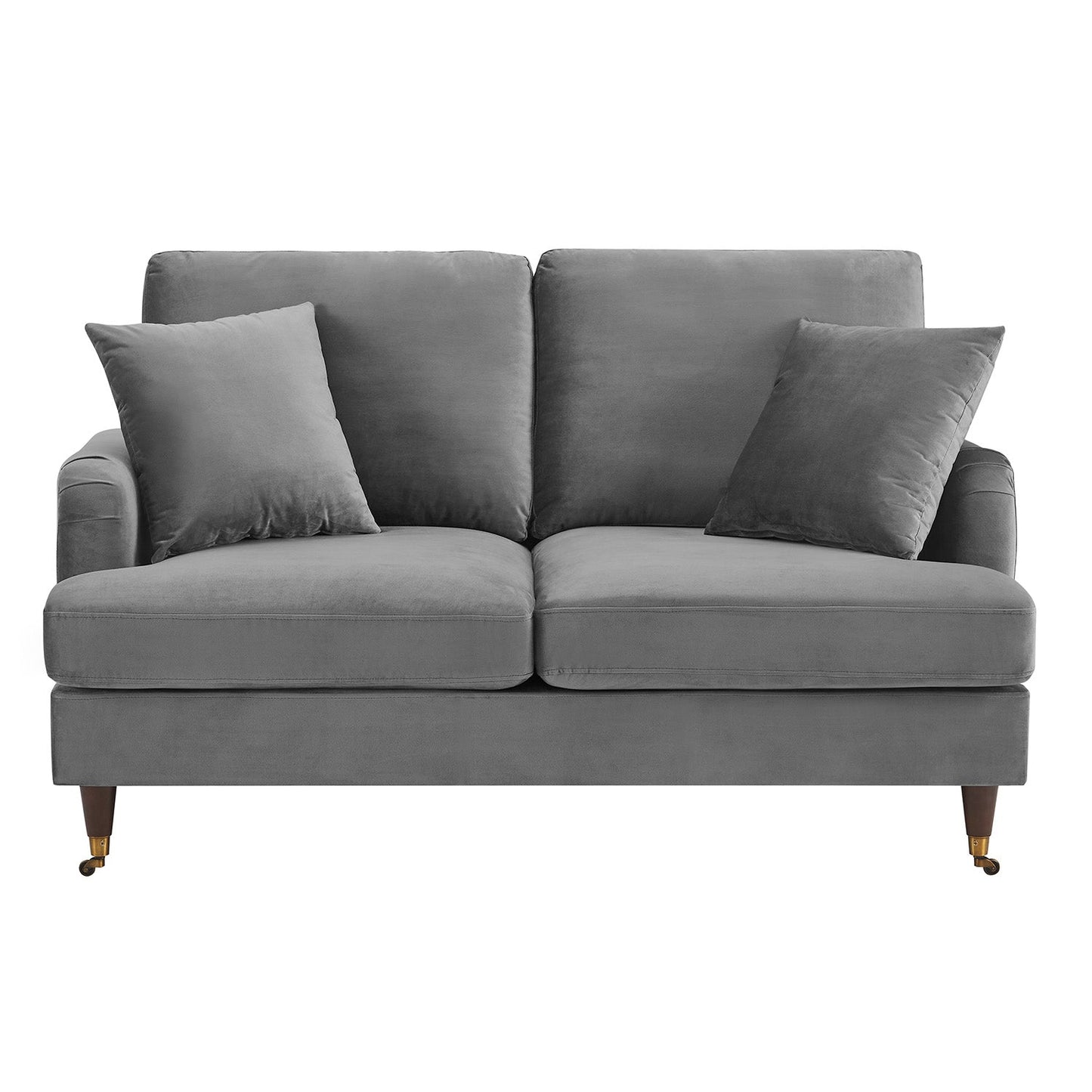 Brigette 2-Seater Grey Velvet Sofa with Antique Brass Castor Legs