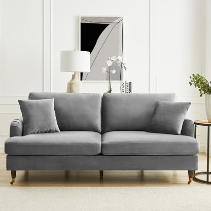 Brigette 3 Seater Grey Velvet Sofa with Antique Brass Castor Legs