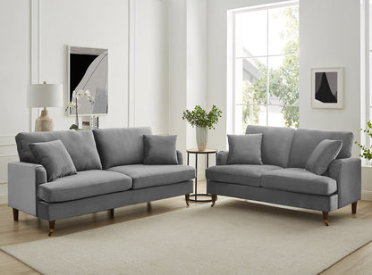 Brigette 2-Seater Grey Velvet Sofa with Antique Brass Castor Legs