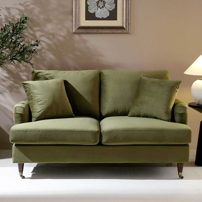 Brigette 2-Seater Olive Green Velvet Sofa with Antique Brass Castor Legs