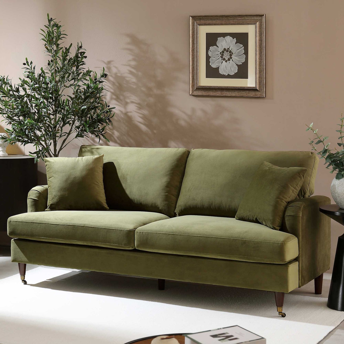 Brigette 3-Seater Olive Green Velvet Sofa with Antique Brass Castor Legs