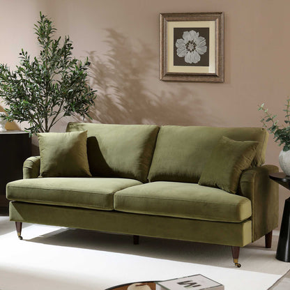 Brigette 3-Seater Olive Green Velvet Sofa with Antique Brass Castor Legs