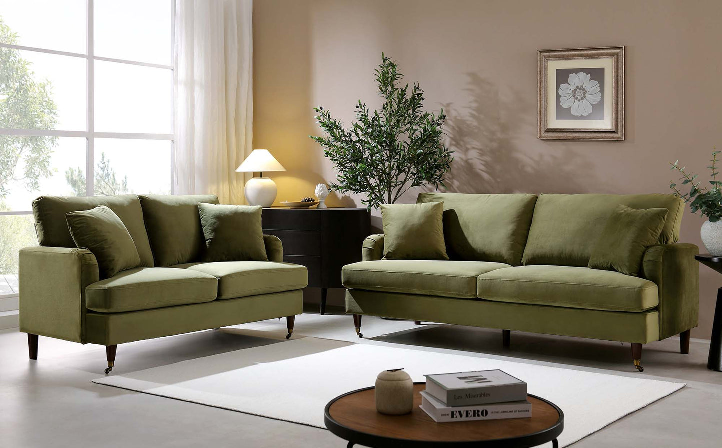 Brigette 3-Seater Olive Green Velvet Sofa with Antique Brass Castor Legs