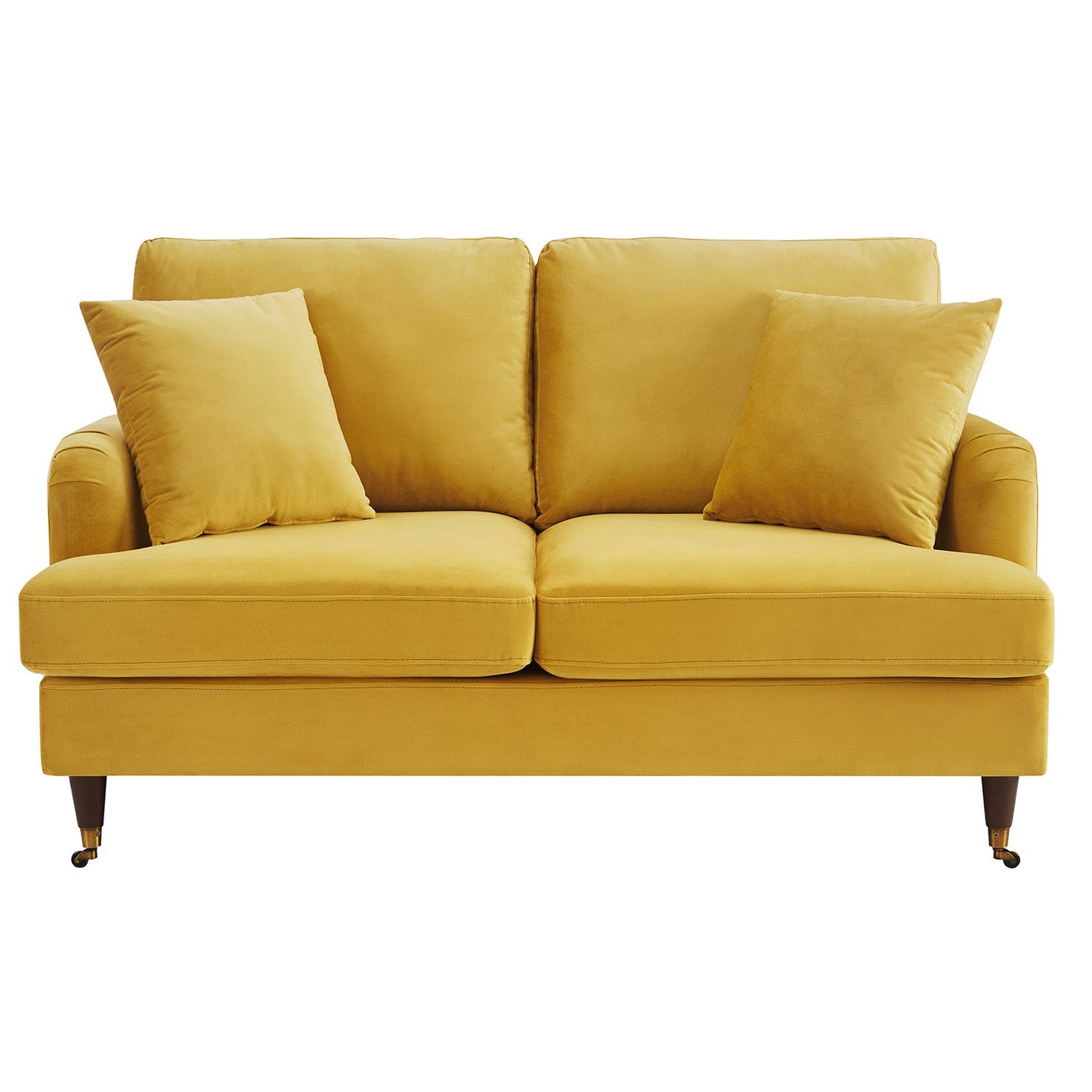 Brigette 2-Seater Mustard Velvet Sofa with Antique Brass Castor Legs