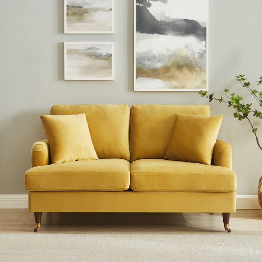 Brigette 2-Seater Mustard Velvet Sofa with Antique Brass Castor Legs