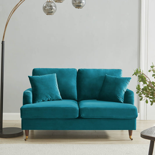 Brigette 2-Seater Teal Velvet Sofa with Antique Brass Castor Legs