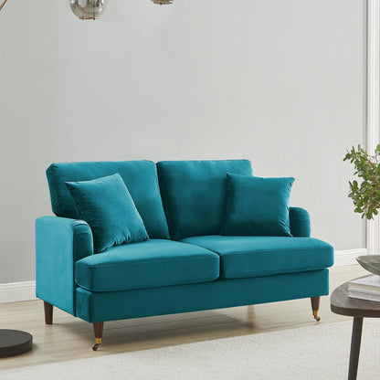 Brigette 2-Seater Teal Velvet Sofa with Antique Brass Castor Legs