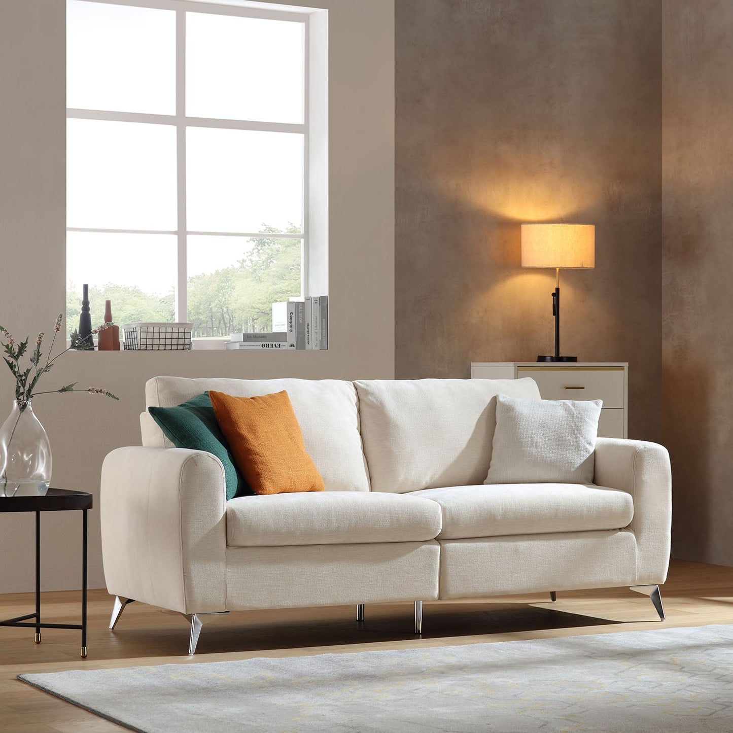 Noak 3-Seater Beige Woven Fabric Sofa with Chrome Legs