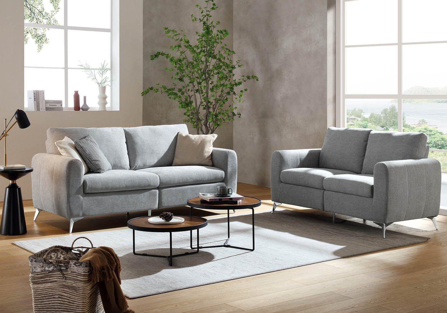 Noak 2-Seater Grey Woven Fabric Sofa with Chrome Legs