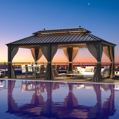 Erommy Hardtop Gazebo with Aluminum Frame and Double Roof, Permanent Outdoor Gazebo Includes Curtains&Netting for Patio Backyard