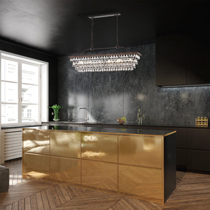 Antique Bronze 6-Light Rectangular Kitchen Island Lighting with Crystal Hanging - Antique Bronze