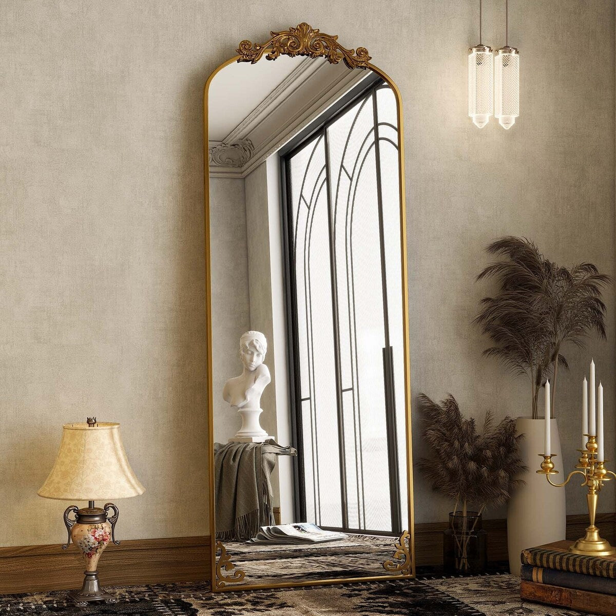 Arched Full Length Mirror with Baroque Flower Design