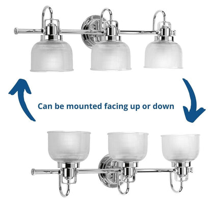 Archie Collection Three-Light Polished Chrome Clear Double Prismatic Glass Coastal Bath Vanity Light - 8.75 x 26.25 x 7.25