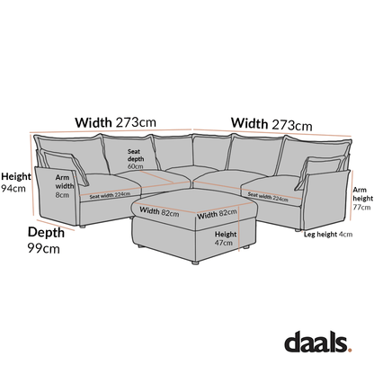 Byron Pillow Edge Mist Grey Boucle Modular Sofa, 5-Seater Corner & Stool Set