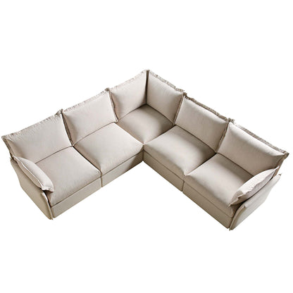 Byron Pillow Edge Beige Fabric Modular Sofa, 5-Seater Corner