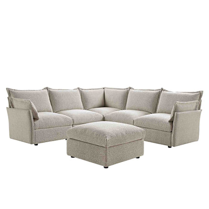 Byron Pillow Edge Mist Grey Boucle Modular Sofa, 5-Seater Corner & Stool Set