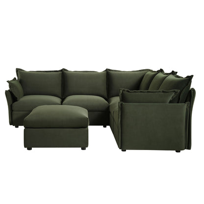Byron Pillow Edge Moss Green Velvet Modular Sofa, 5-Seater Corner & Stool Set