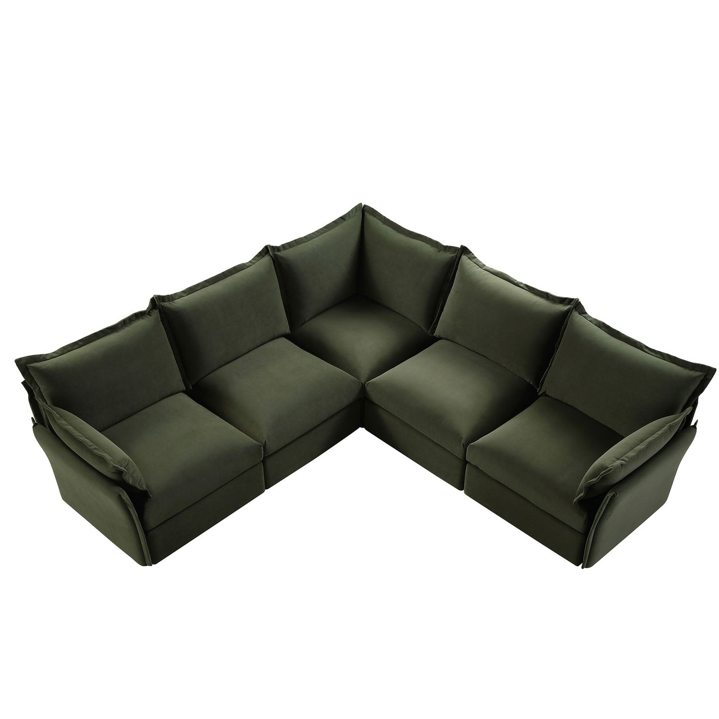 Byron Pillow Edge Moss Green Velvet Modular Sofa, 5-Seater Corner