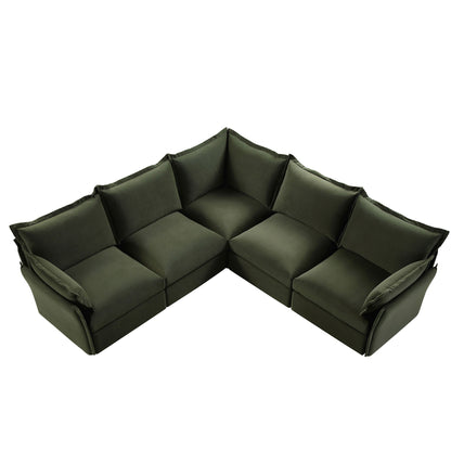 Byron Pillow Edge Moss Green Velvet Modular Sofa, 5-Seater Corner