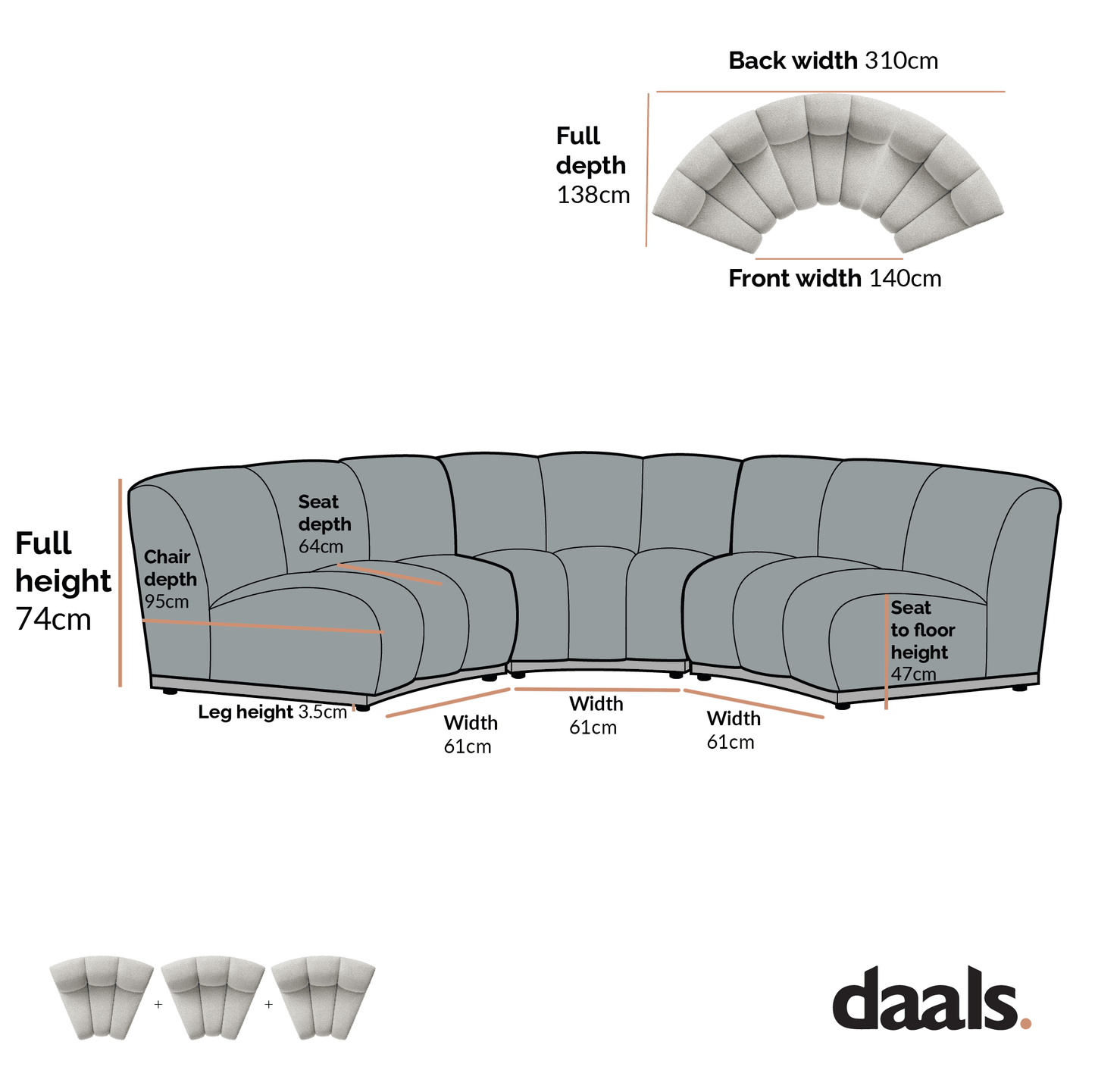 Granvia Taupe Boucle Modular Sofa, 3-Seater Curved Sofa