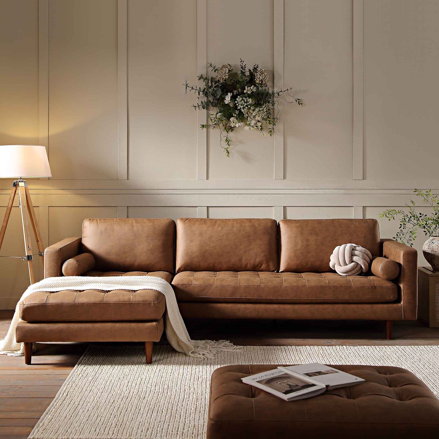 Henrietta Tan Faux Suede Grand 4-Seater Chaise End Sofa, Left Hand Facing