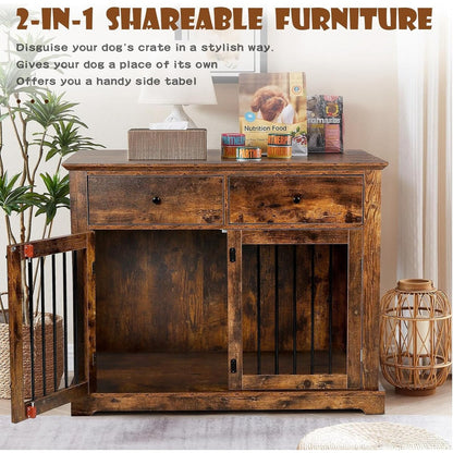 BOSSIN 44 Inch Large Dog Crate Furniture, Wooden Dog Kennel End Table with Storage Drawers, Decorative Pet Crates Dog House
