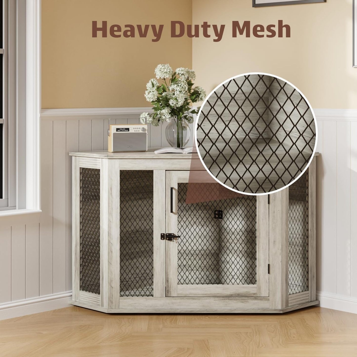 BOSSIN Corner Dog Crate Furniture,44/52 inch Wooden Dog Kennel Furniture with Mesh,Decorative Wood Dog House for Indoor use