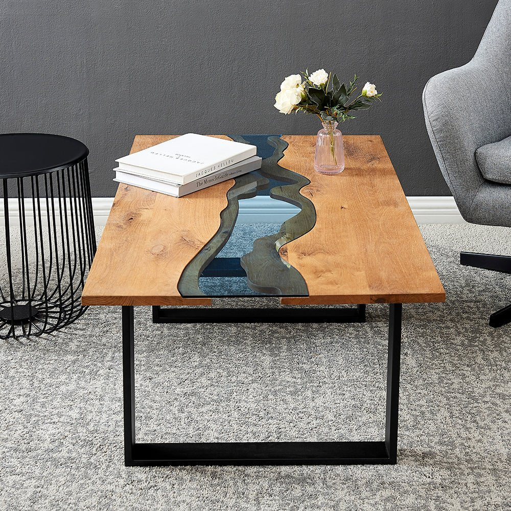 Kelonwa River Effect solid Oak and inset Glass Coffee Table