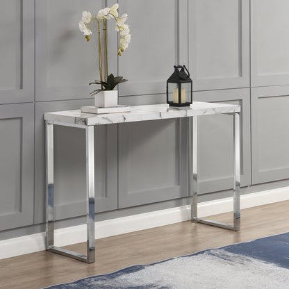 BIASCA High Gloss Marble Effect 120cm Console Table with Silver Chrome Legs