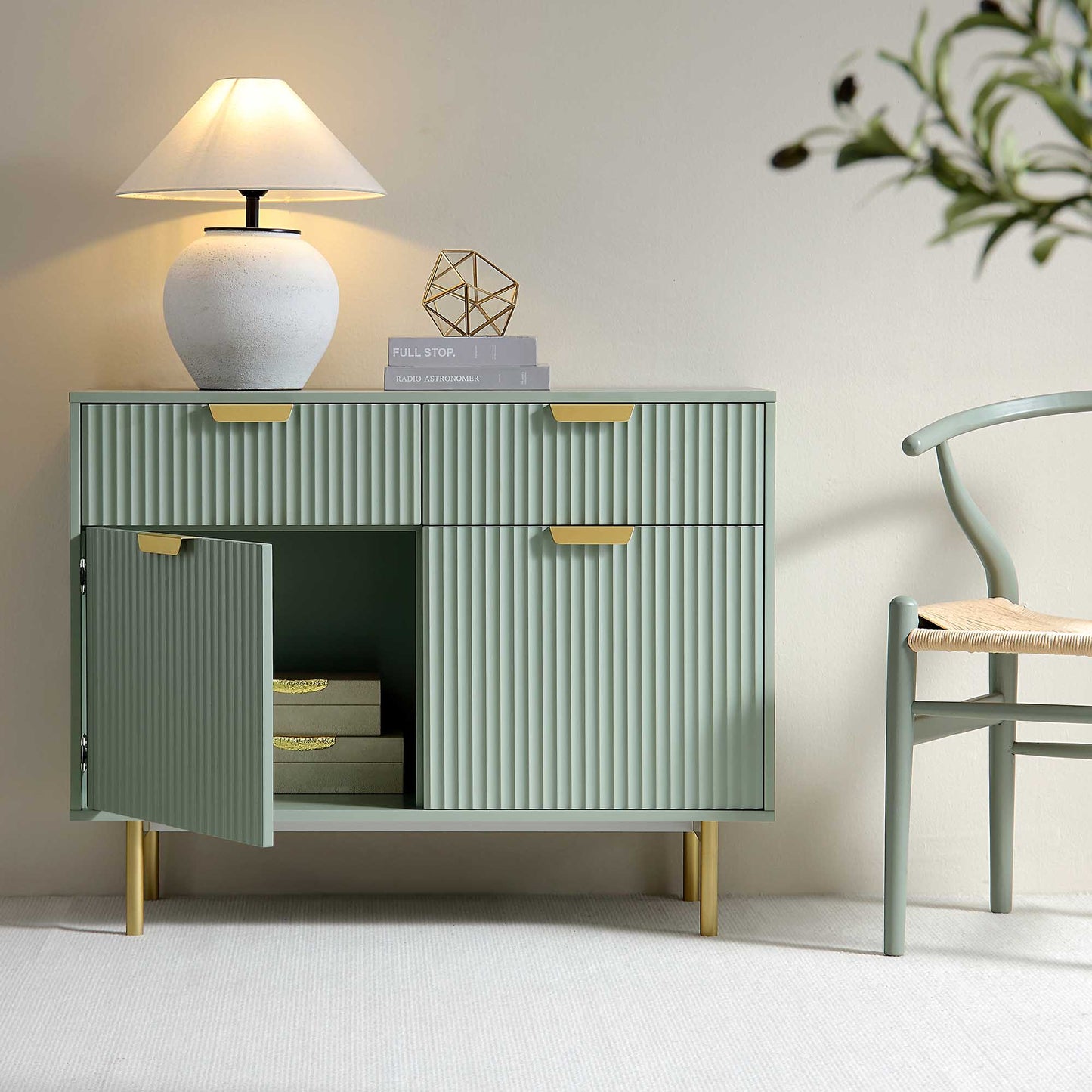 Richmond Ridged 2-Door Cabinet with Drawers, Matte Sage Green