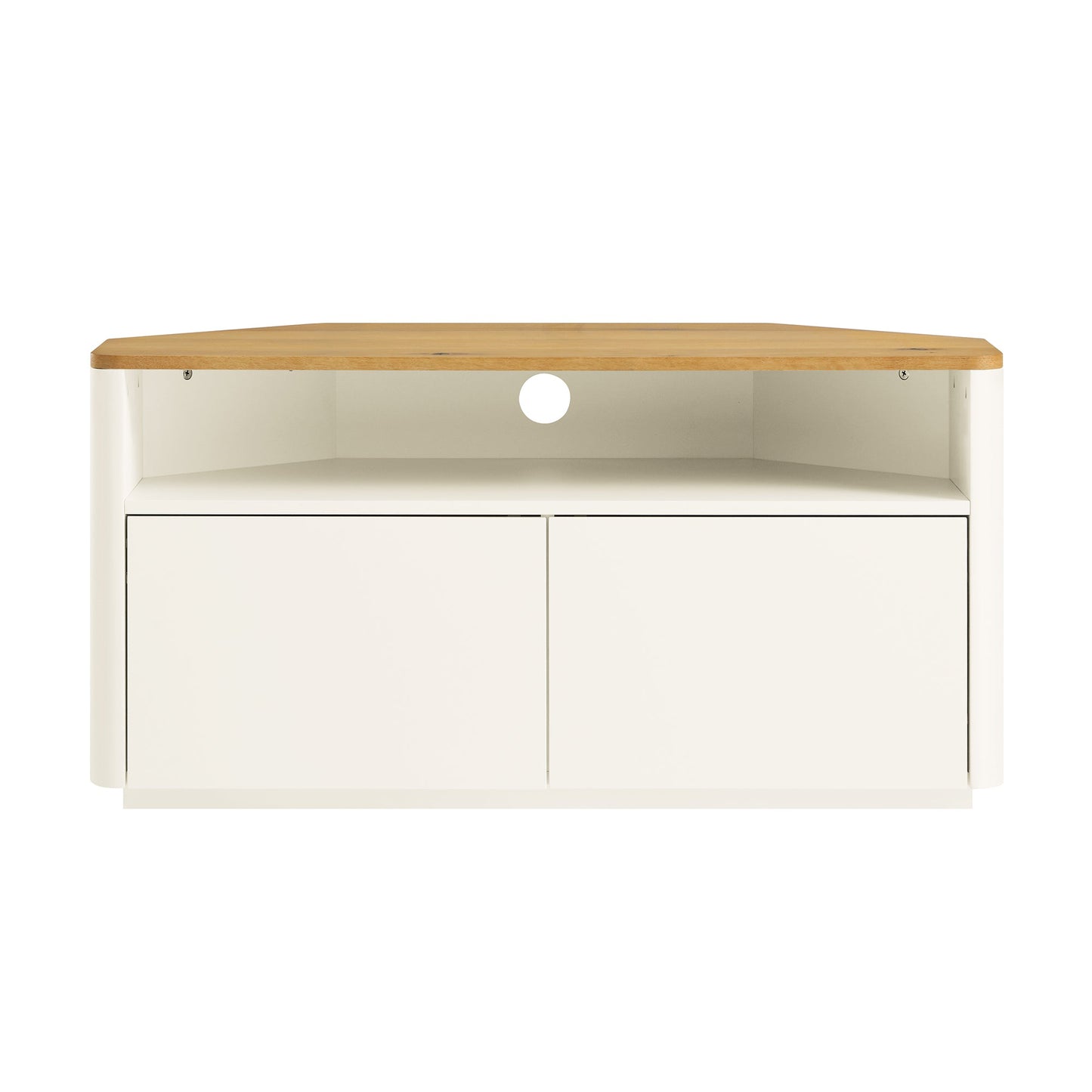 Agnes Curved Edge Corner TV Unit, Off White with Oak Top