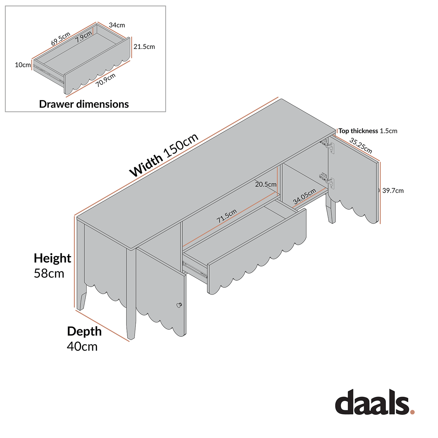 Henley Scalloped Edge 150cm Wide TV Unit, Sage Green