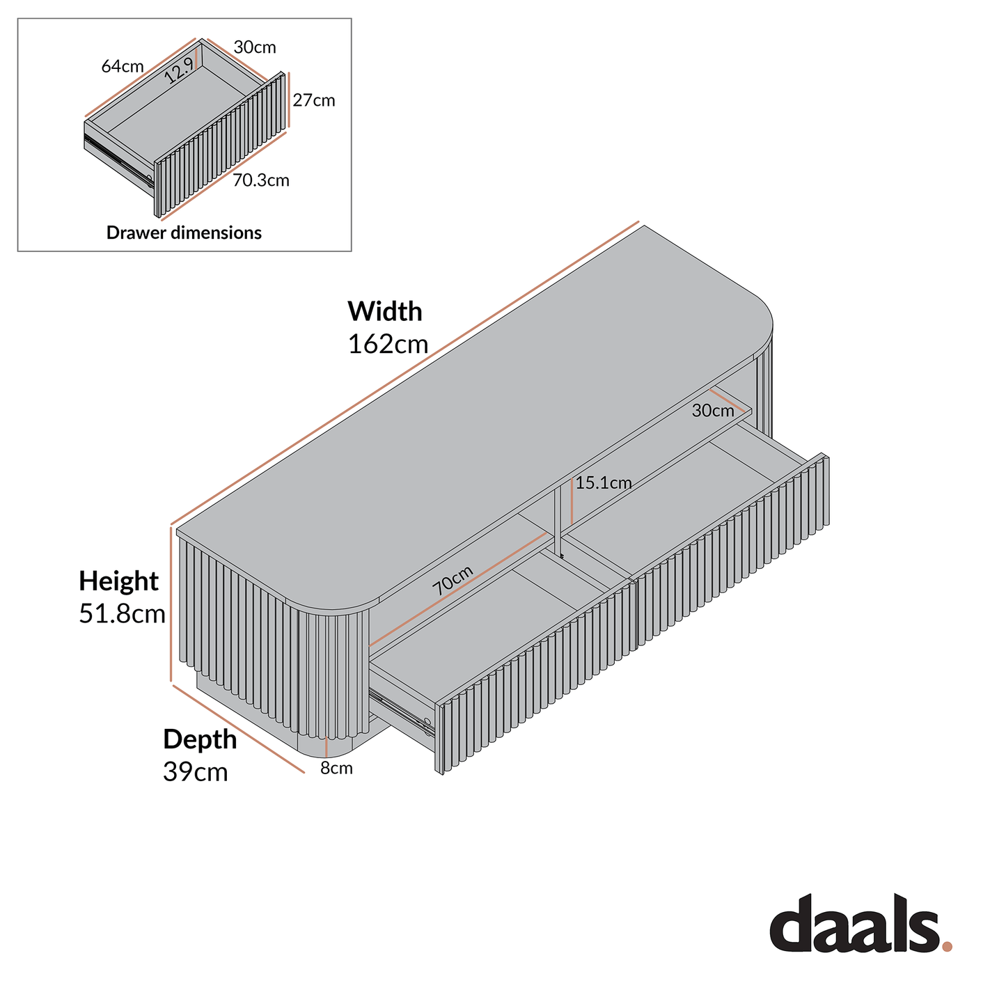 Maru 162cm TV Unit with Drawers, Washed White