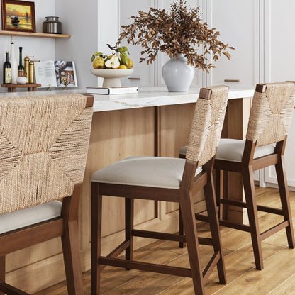 Beacon Bohemian Boucle Bar Stool, Upholstered Counter Height Chair with Solid Wood Frame and Woven Seagrass Back