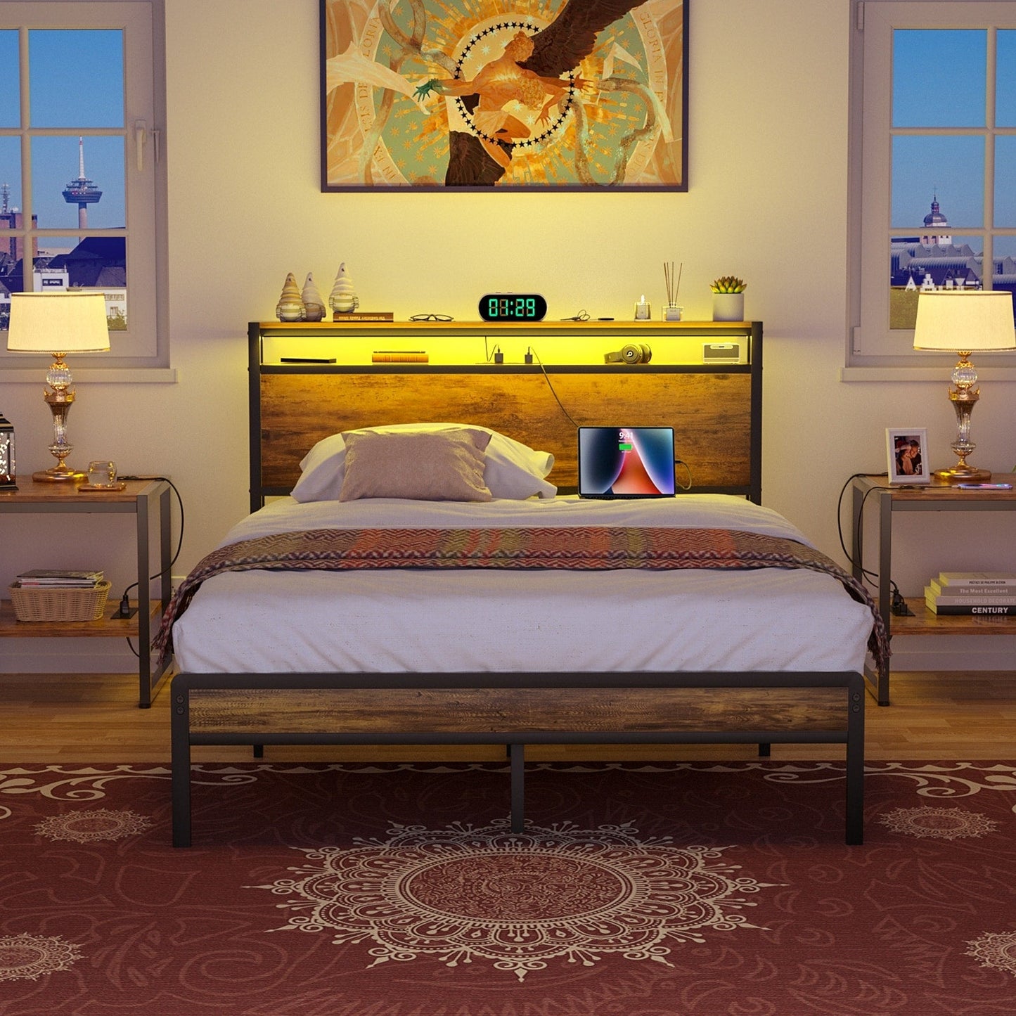 Farmhouse Wood Platform Bed Frame with Charged Station and LED Lights