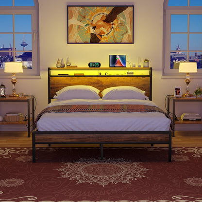 Farmhouse Wood Platform Bed Frame with Charged Station and LED Lights