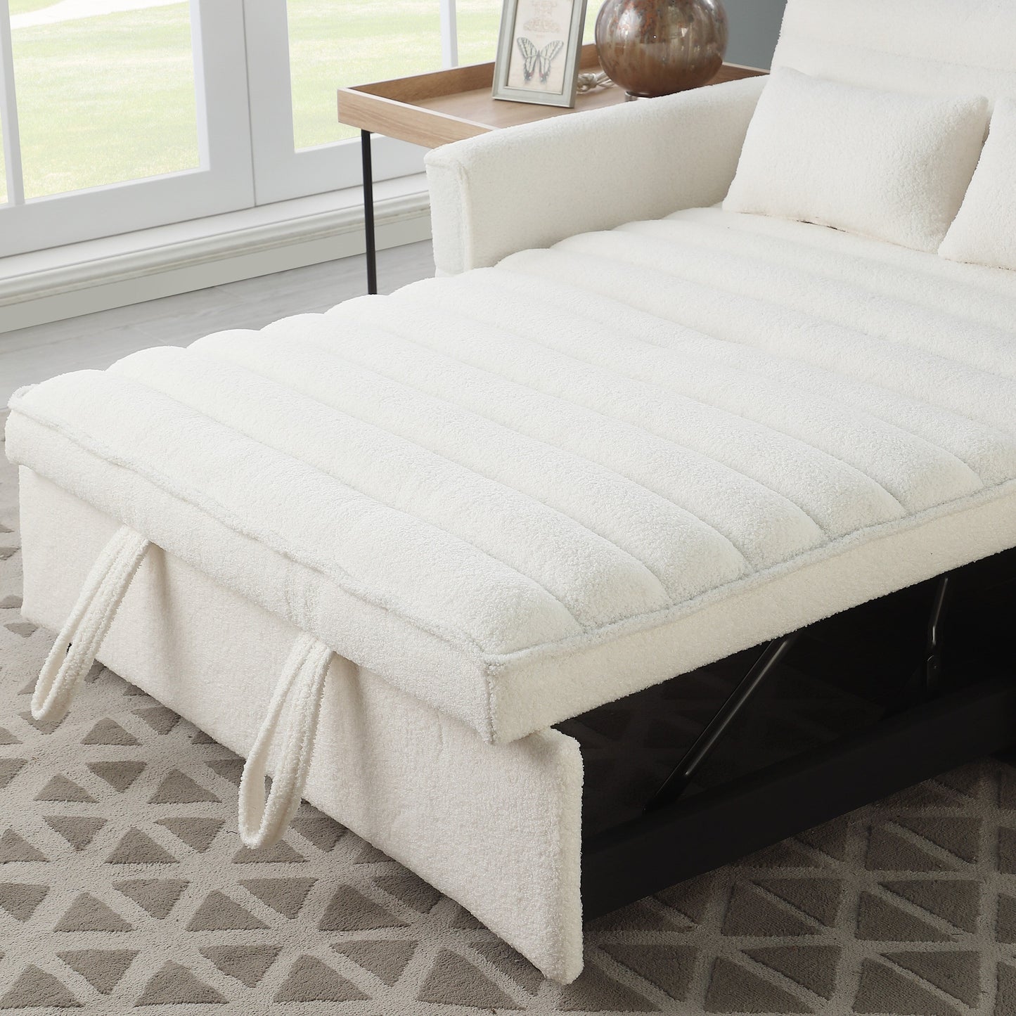 Beige 55.12 Boucle Loveseat Convertible Pull-Out Sofa Bed with Adjustable Back and 2 Waist Pillows for Living Room