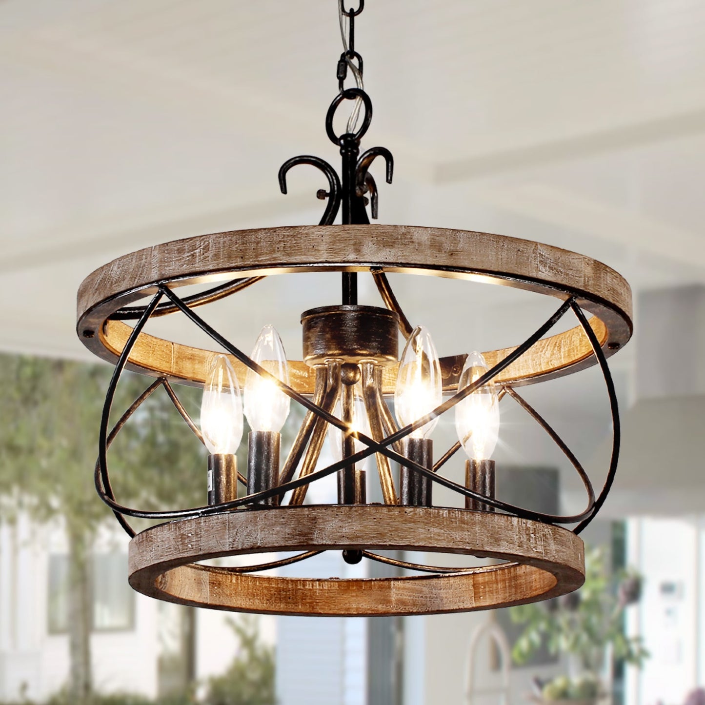 Bella Depot 5-Light Rustic Cage Wood Chandelier Dimmable Lighting, 15.7 Adjustable Farmhouse Pendant Light for Kitchen Island