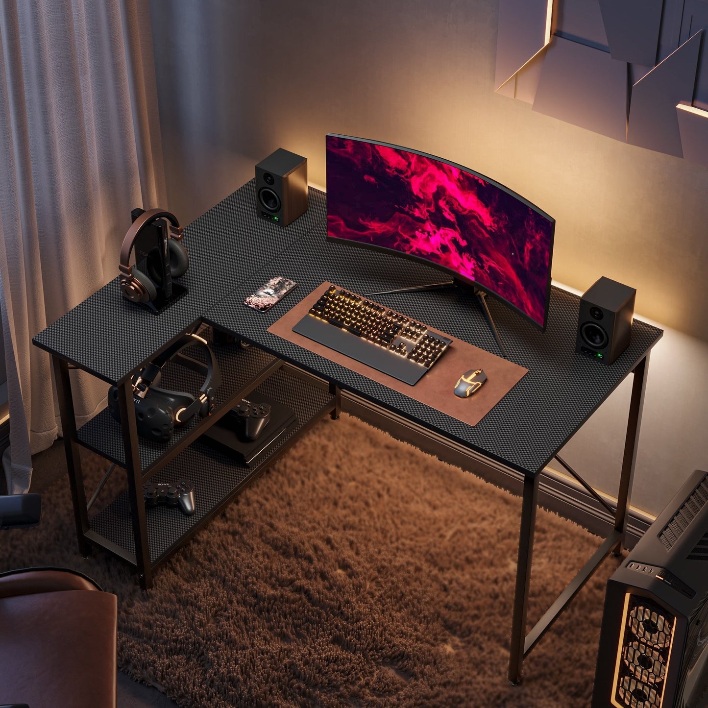 Small L Shaped Desk with Storage Shelves Corner Computer Desk