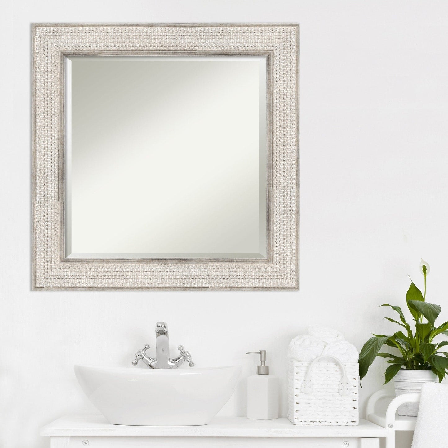Beveled Wood Bathroom Wall Mirror - Trellis Silver Frame - Trellis Silver