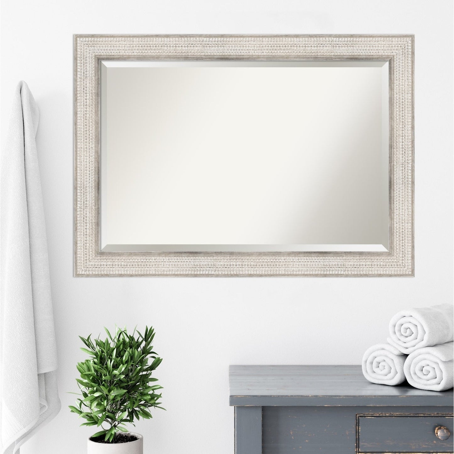 Beveled Wood Bathroom Wall Mirror - Trellis Silver Frame - Trellis Silver
