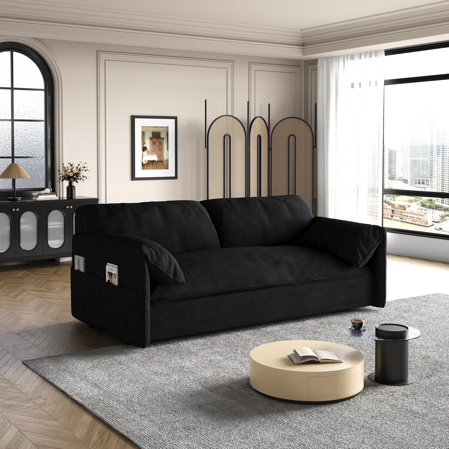 Black 63.8 3-in-1 Velvet Loveseat Pull Out Sofa Bed with Side Storage for Living Room