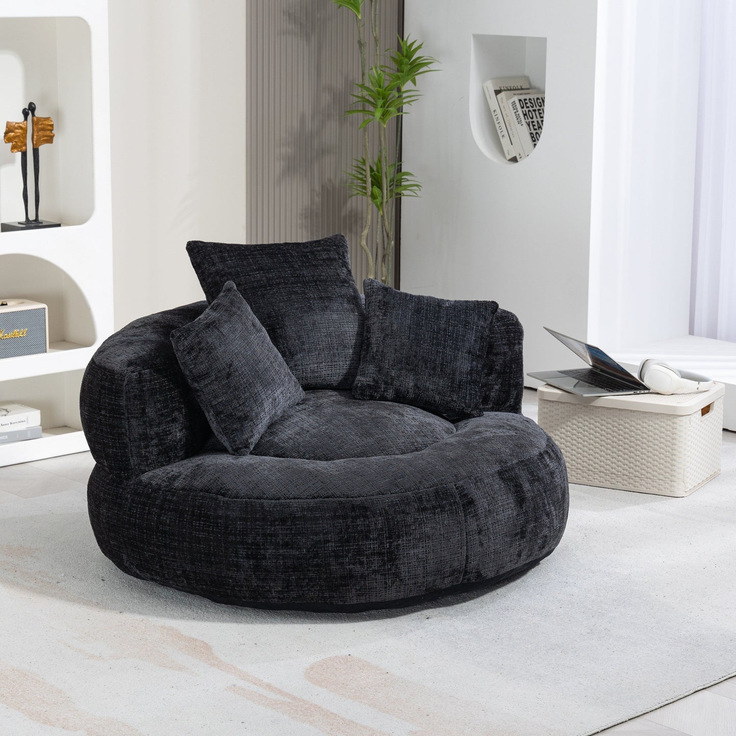 Black Oversized 42.52 Chenille Lazy Bean Bag Single Sofa with Three Pillows for Bedroom