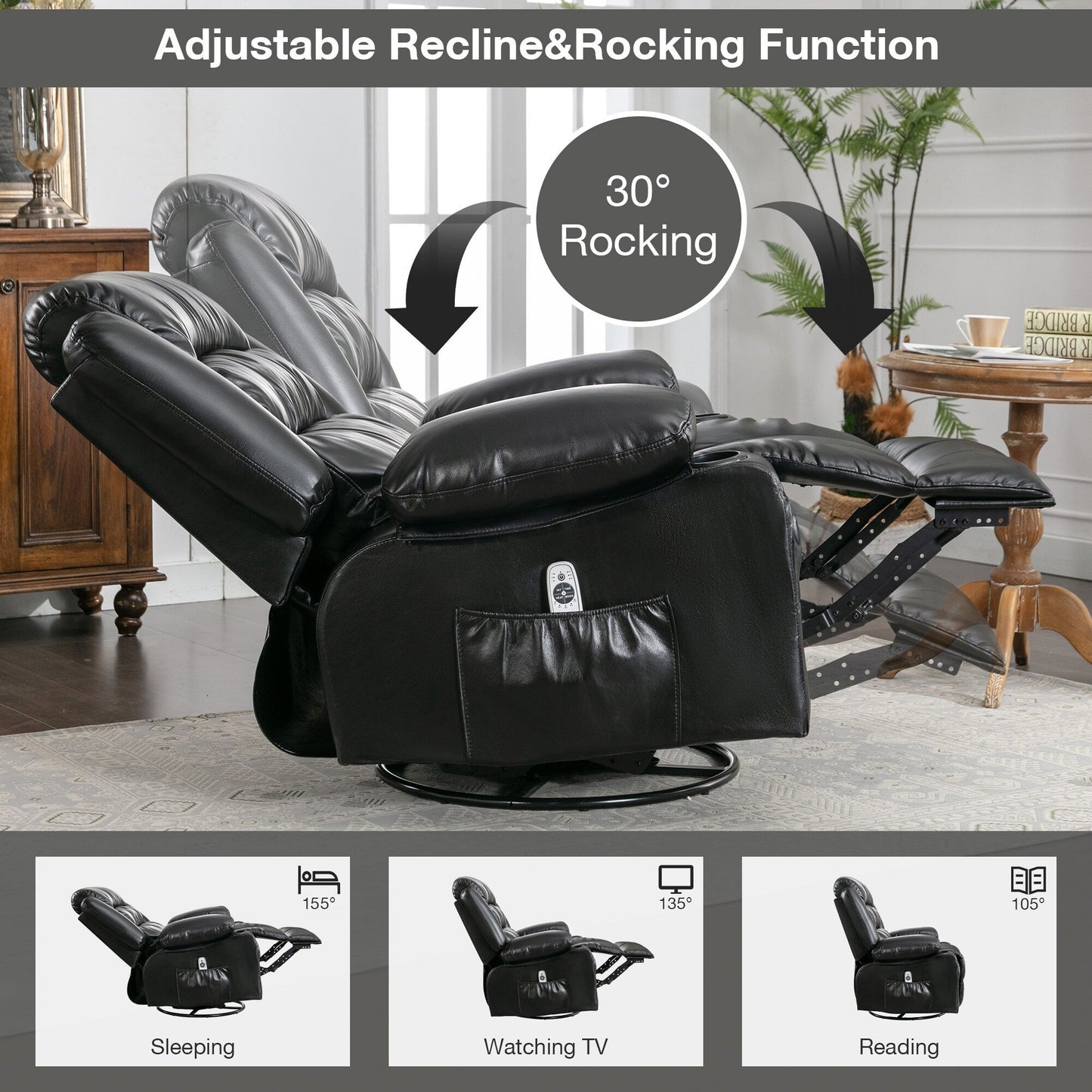 Black Swivel Rocker Recliner with Heat, Massage & USB Ports
