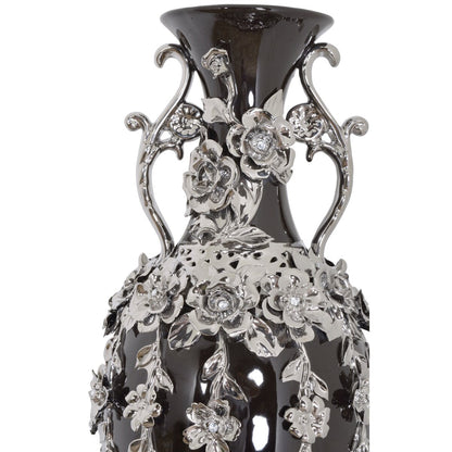 Black and Silver Floret Jeweled Stunning Vase 35 Inches Tall