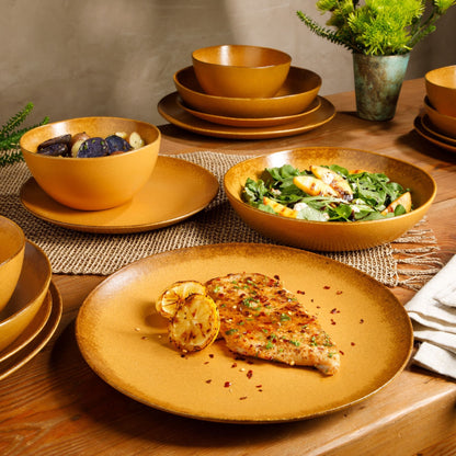 Bloomhouse Palermo Sun 16 Piece Double Bowl Stoneware Reactive Glaze Plates and Bowls Dinnerware Set