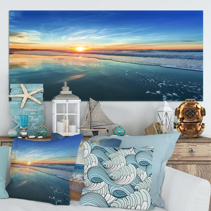 Blue Seashore with Distant Sunset - Seashore Canvas Wall Art