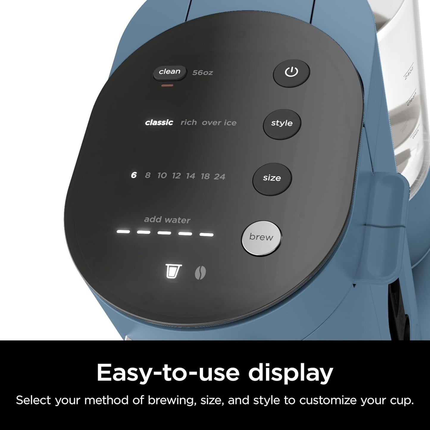 Blue Single-Serve Coffee Maker, K-Cup Compatible, 56oz Reservoir, 6-24oz Brew Sizes, Compact